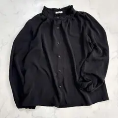 フリルネックブラウス　【M】ブラック　スタンドネック　ボリュームスリーブブラウス