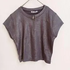 ZARA ザラ ハーフジップTシャツ ショート丈 シルバー ラメ入り Lサイズ