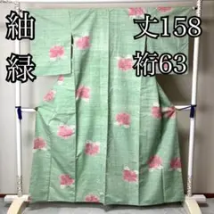 春らしい花柄の緑色の紬 正絹 広襟 袷 裄63 IS1021