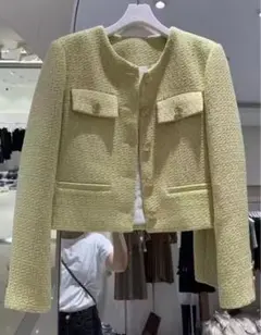 イエロー ノーカラージャケット ツイード風