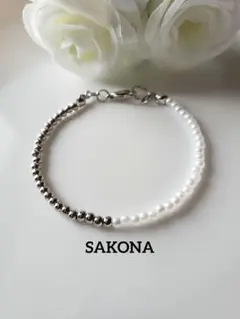 シンプル シルバービーズ パール ビーズ　ブレスレット ハンドメイド