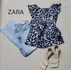 ZARA　ザラ　総柄フリルフレンチスリーブブラウス　フリルノースリーブレオパード