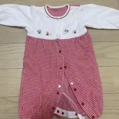 familiar 赤と白のチェック柄ロンパース