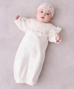 petit main オーガニック フリル刺しゅう切替2WAYオールアイボリー