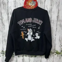 トムとジェリートレーナー　裏起毛　ラインストーン　ブラックトレーナートムジェリー