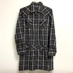 レディース　チュニックシャツ　ロングシャツ　チェック柄シャツ　長袖　ブラウンのサムネイル