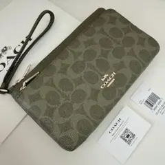 COACH コーチ　ダブルジップポーチ　長財布　リストレット オリーブ　グリーン