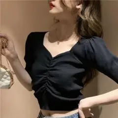 韓国 弘大 ギャザー 半袖 サマーニット プルオーバー ブラック 黒 ホンデ