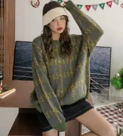 オリーブグリーン 幾何学模様 ニットセーター 長袖