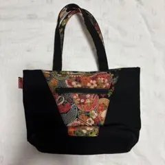 和柄 トートバッグ ミニバッグ 黒地 扇面柄 昭和レトロ