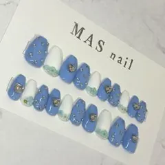 ネイルチップ 全サイズ 水色 小花 ハート ホワイト ミディアム シンプル 春夏