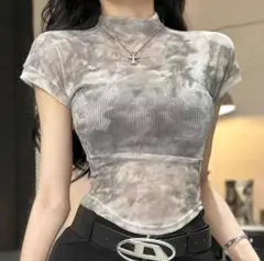 タイダイ柄グレーリブ編みTシャツ