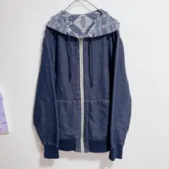 ジップアップパーカー　インディゴ　総柄　リバーシブルパーカー　春