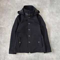 ピーコート メルトンウール フード付 レザー 黒 M