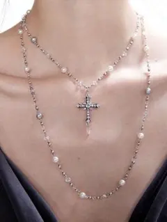 クロスモチーフ ロングネックレス 高見え 高級感 おしゃれ 流行 韓国系