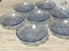昭和ガラス　格子模様の青いデザート皿 7枚セット
