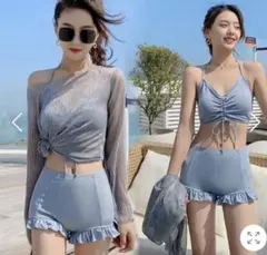 【新品‼️未使用‼️】3点セット 水着 体型カバー レディース ブルー