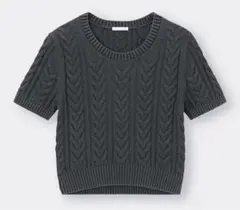 【GU】ケーブルクルーネックセーター　半袖　グレー　M