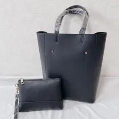 【新品】トートバッグ ポーチ付き レザー　ブラック　黒　A4 縦型　ビジネス