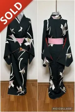 ★袖しつけ付きアンティーク!!深緑地 ピンク金キラキラ花紋 袷