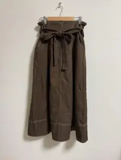 ウエストリボン フレアスカート ブラウン