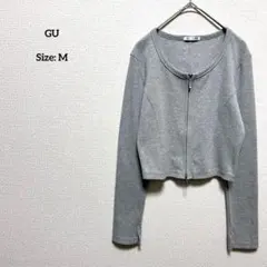 GU レディース M リブダブルジップカーディガン クルーネック グレー