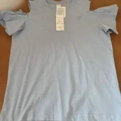 新品 160cm 女の子 Tシャツ 水色 肩開き フリル 綿100%