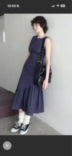 新品タグ付きバックデザインノースリーブワンピースidem チェック柄ロング