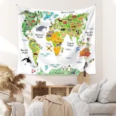 世界地図 タペストリー可愛い動物子供部屋 インテリア布製 150x130