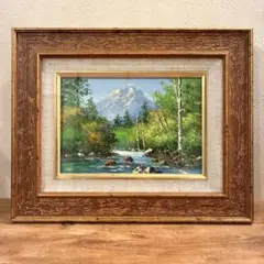片山芳水 油彩画 山村風景 茅葺き屋根 ゴールドフレーム 美術品アート