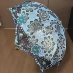 花柄日傘 青色と金色