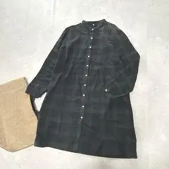 無印良品 MUJI〔L〕バンドカラー 長袖 シャツワンピース 綿100%チェック