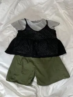 【110cm相当】女の子　夏服上下セット　重ね着風Tシャツ＆カーキハーフパンツのサムネイル