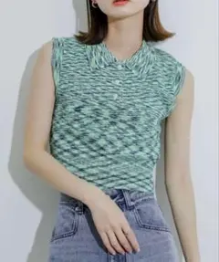 SENSE OF PLACE 緑系 クロップドポロニット　Mサイズ 夏ニット