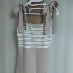 エイミー　ニットリボンロングワンピース ベージュと白のストライプ