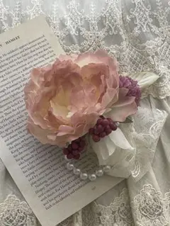 フラワーコサージュ　ピオニー　ハンドメイド　パール　レース　#1032