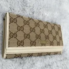 【美品】グッチ　長財布　レザー×キャンバス　GG柄　ホワイト ブラウン