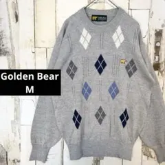 美品 ゴールデンベア 刺繍ロゴ アーガイル柄 クルーネック ニット M 灰