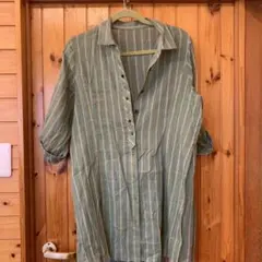 グリーン系ストライプ ボタンシャツ 半袖