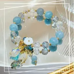 【特別価格✨】花チャーム 天然石風ビーズブレスレット 高級感 大人可愛い 水色