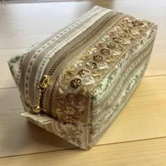 【インド刺繍リボンのボックスポーチ】ナチュラルストライプローズ柄＊コスメポーチ