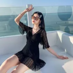 レース ブラック ワンピース水着　夏　XLサイズ