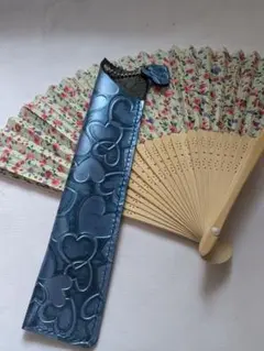 本革ハート型押し扇子ケース　ブルー