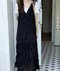 【ABITOKYO】ワッシャーシフォンキャミソールワンピース　ブラック(L)