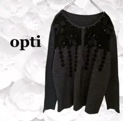 『オプティ』ニット カーディガン【F】グレー リボン ボタン ビジュー 華やか