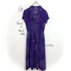 花柄ワンピース(11)レトロ Aライン 半袖 フレンチスリーブ Y2K パープル