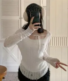 SHEIN リボン付きホワイト長袖トップス