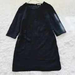 【ローズティアラ】リボン付きひざ丈ワンピース　七分袖　ウール100% 黒　42