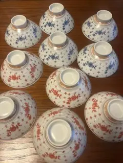 お茶碗　10個セット 赤　青　花柄　昭和レトロ 居酒屋や食堂にも