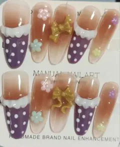 A3ハンドメイド ネイルチップ パープル ドット リボンSサイズ10個セット